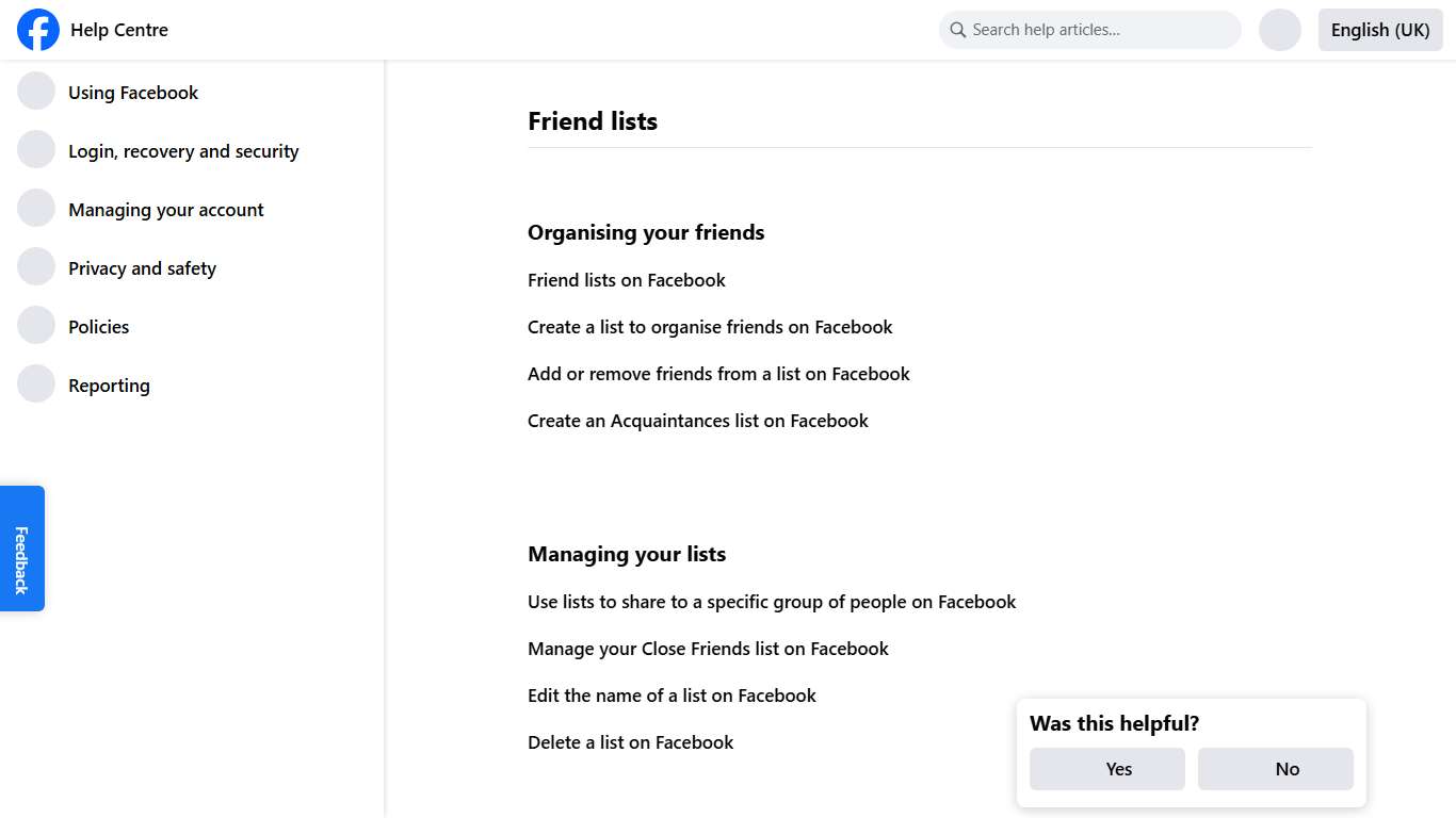 Friend lists Facebook Help Centre