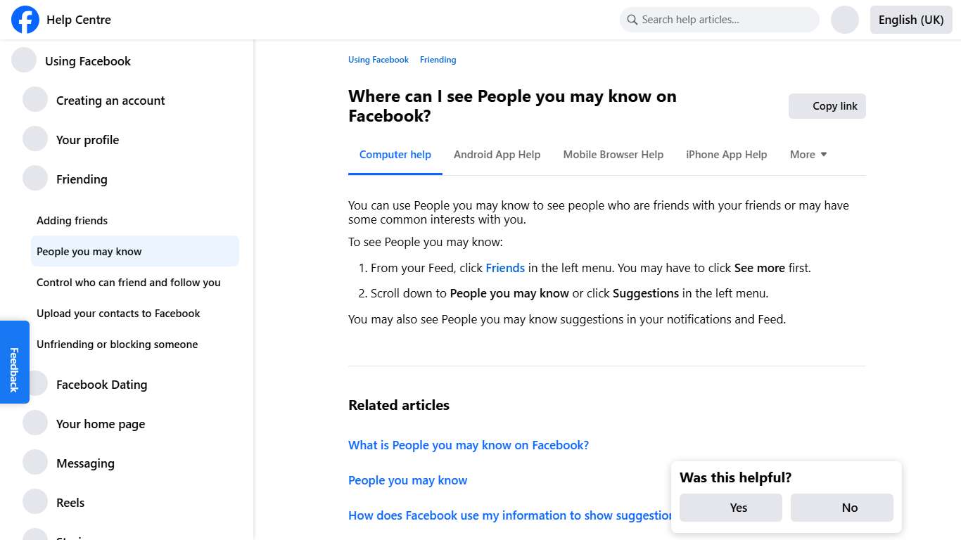 Where can I see People you may know on Facebook? Facebook Help Centre